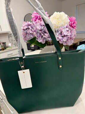 Poppy & Peonies Dark Green Leather Tote with Gold Hardware
